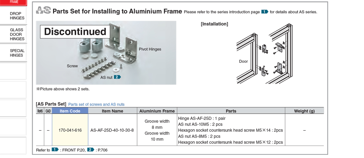 Parts Set for Installing to Aluminium Frame - Sugatsune Europe